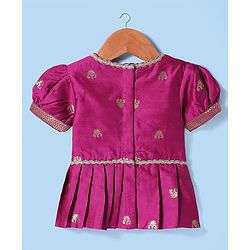 Babyhug Woven Half Puffed Sleeves Choli Lehenga Pattu Pavada Set With Floral Embroidery & Lace Detailing - White & Fuchsia