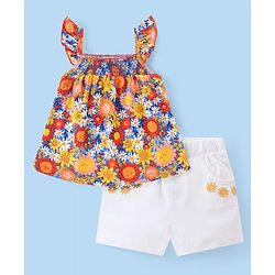 Babyhug Single Jersey Knit Frill Sleeves Top with Shorts Set Floral Print - Multicolor & White