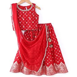 Babyhug Woven Sleeveles Brocade Choli with Lehenga and Dupatta Set -Red