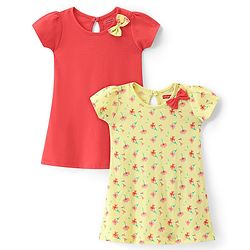 Babyhug 100% Cotton Half Sleeves Frock Floral Print with Bow Applique Pack of 2 - Red & Yellow