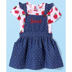 Babyhug 100% Cotton Woven Frock With Half Sleeves Inner T-Shirt with Apple Print - Blue & White