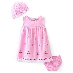 Babyhug 100% Cotton Knit Sleeveless Frock With Bloomer Floral & Cherry Embroidery - Pink