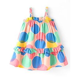 Babyhug 100% Cotton Woven Sleeveless Singlet Frock with Polka Dot Print & Frill Design - Multicolour