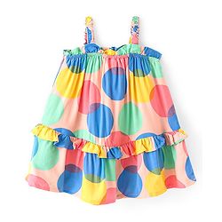 Babyhug 100% Cotton Woven Sleeveless Singlet Frock with Polka Dot Print & Frill Design - Multicolour