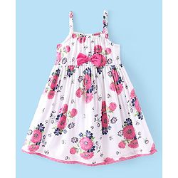 Babyhug Poplin Sleeveless Floral Printed Frock with Bow - White