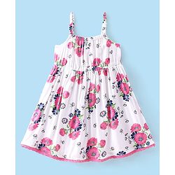 Babyhug Poplin Sleeveless Floral Printed Frock with Bow - White