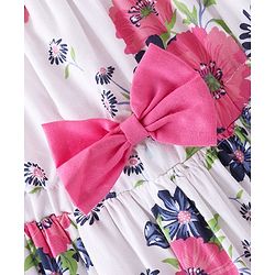 Babyhug Poplin Sleeveless Floral Printed Frock with Bow - White