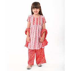 Babyhug Cotton Woven Half Sleeves Kurta With Fringe Lace & Palazzo Set With Dupatta in Laheriya Print - Off White & Orange