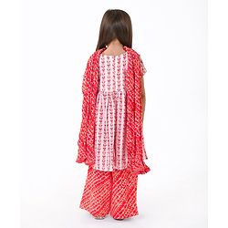 Babyhug Cotton Woven Half Sleeves Kurta With Fringe Lace & Palazzo Set With Dupatta in Laheriya Print - Off White & Orange
