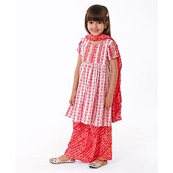 Babyhug Cotton Woven Half Sleeves Kurta With Fringe Lace & Palazzo Set With Dupatta in Laheriya Print - Off White & Orange