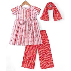 Babyhug Cotton Woven Half Sleeves Kurta With Fringe Lace & Palazzo Set With Dupatta in Laheriya Print - Off White & Orange