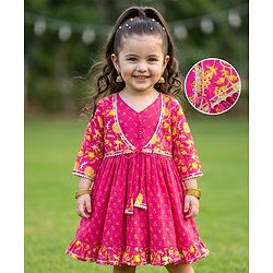 Babyhug 100% Cotton Woven Ethnic Dresses and Jacket with 3/4th Sleeves and Floral Print in Pink for 3-6 Months
