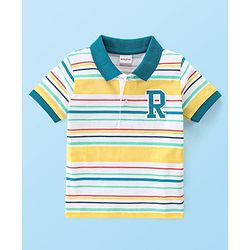 Babyhug 100% Cotton Knit Half Sleeves Striped  Polo T-Shirt with Graphics - Multicolour