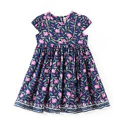 Babyhug Cotton Half Sleeves Ethnic Dress Floral Print - Navy Blue