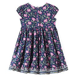Babyhug Cotton Half Sleeves Ethnic Dress Floral Print - Navy Blue