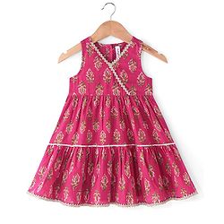 Babyhug Cotton Sleeveless Front Overlap Tiered Ethnic Dress Floral Print - Fuschia