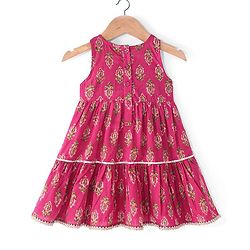 Babyhug Cotton Sleeveless Front Overlap Tiered Ethnic Dress Floral Print - Fuschia