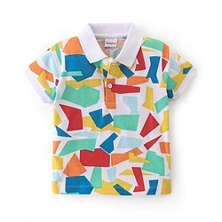 Babyhug 100% Cotton Knit Half Sleeves Polo T-Shirt with Abstract Print- White