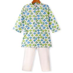 Babyhug 100% Cotton Woven Full Sleeves Kurta with Pyjama Birds Print - White