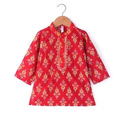 Babyhug Cotton Woven Full Sleeves Kurta & Dhoti Set with Floral Print - Red