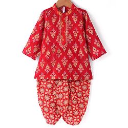 Babyhug Cotton Woven Full Sleeves Kurta & Dhoti Set with Floral Print - Red