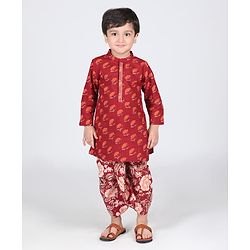 Babyhug Cotton Woven Full Sleeves Kurta Dhoti Set With Floral Print - Maroon