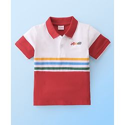 Babyhug Cotton Knit Half Sleeves Striped  Polo T-Shirt with Text  Print - White & Red