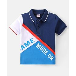 Babyhug  Cotton Knit Half Sleeves Polo T-Shirt with Text Print - Navy Blue & White