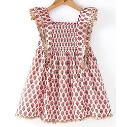 Babyhug Cotton Woven Ruffle Sleeve Floral Print Ethnic Dress - Off White