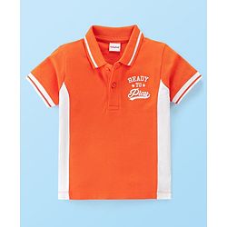 Babyhug 100% Cotton Knit Half Sleeves Cut & Sew Polo T-Shirt With Text Graphics - White & Orange