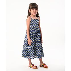 Babyhug 100% Woven Cotton Sleeveless Singlet Ethnic Dress with Floral Print-  Navy Blue
