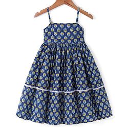 Babyhug 100% Woven Cotton Sleeveless Singlet Ethnic Dress with Floral Print-  Navy Blue