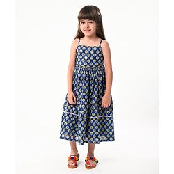 Babyhug 100% Woven Cotton Sleeveless Singlet Ethnic Dress with Floral Print-  Navy Blue