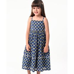 Babyhug 100% Woven Cotton Sleeveless Singlet Ethnic Dress with Floral Print-  Navy Blue