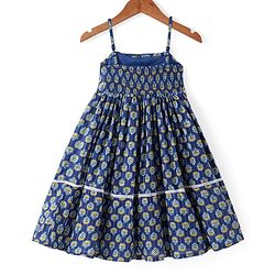 Babyhug 100% Woven Cotton Sleeveless Singlet Ethnic Dress with Floral Print-  Navy Blue