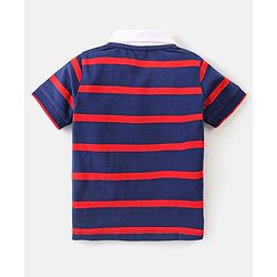 Babyhug Cotton Half Sleeves Striped Polo T-Shirt With Number Embroidery - Navy