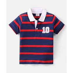 Babyhug Cotton Half Sleeves Striped Polo T-Shirt With Number Embroidery - Navy