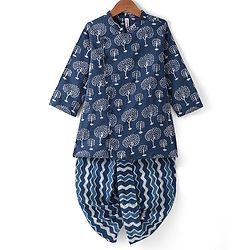 Babyhug Cotton Woven Full Sleeves Kurta & Leheriya Dhoti Set Trees Print - Indigo