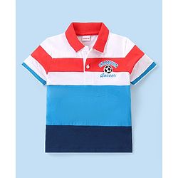 Babyhug Cotton Knit Half Sleeves Football Embroidered Polo T-Shirt with Cut & Sew Design - Blue & White