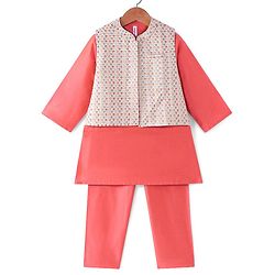 Babyhug Woven Full Sleeves Solid Kurta Pyjama Set With Mirror Embroided Jacket  -Red