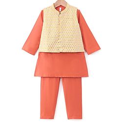 Babyhug Woven Full Sleeves Solid Kurta Pyjama Set With Mirror Embroided Jacket  -Orange