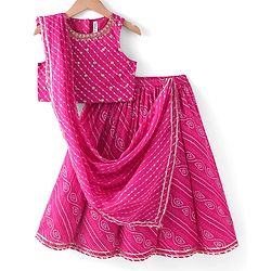 Babyhug 100% Cotton Woven Sleeveless Leheriya Printed Choli Lehenga and Dupatta Set -  Fuschia
