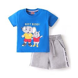 Babyhug 100% Cotton Knit Single Jersey Half Sleeves T-Shirt & Shorts With Text & Animals Print - Blue & Grey