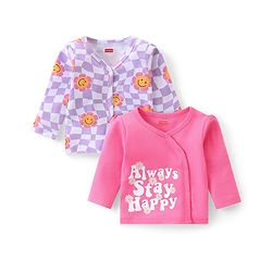 Babyhug 100% Cotton Knit Full Sleeves Checks & Floral Printed Front Open Vests Pack of 2 - Purple & Pink