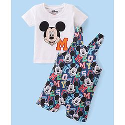 Babyhug Disney Cotton Knit Half Sleeves T-Shirt & Dungaree Set Mickey Mouse Print - White & Navy Blue