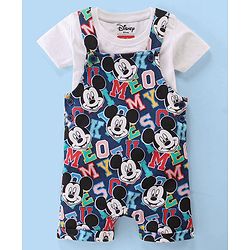 Babyhug Disney Cotton Knit Half Sleeves T-Shirt & Dungaree Set Mickey Mouse Print - White & Navy Blue