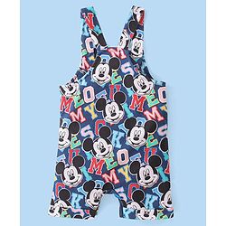 Babyhug Disney Cotton Knit Half Sleeves T-Shirt & Dungaree Set Mickey Mouse Print - White & Navy Blue