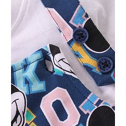 Babyhug Disney Cotton Knit Half Sleeves T-Shirt & Dungaree Set Mickey Mouse Print - White & Navy Blue