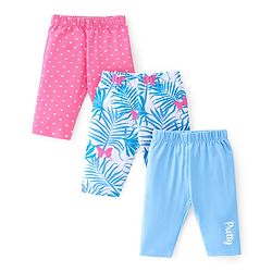 Babyhug Cotton Lycra Three Fourth Length Legging Polka Dot & Leaf Print Pack Of 3 - Blue White & Pink