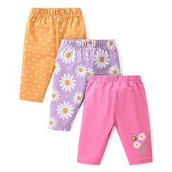 Babyhug Cotton  Lycra Knit Three Fourth Leggings  Floral Print Pack of 3 -Pink Purple & Yellow